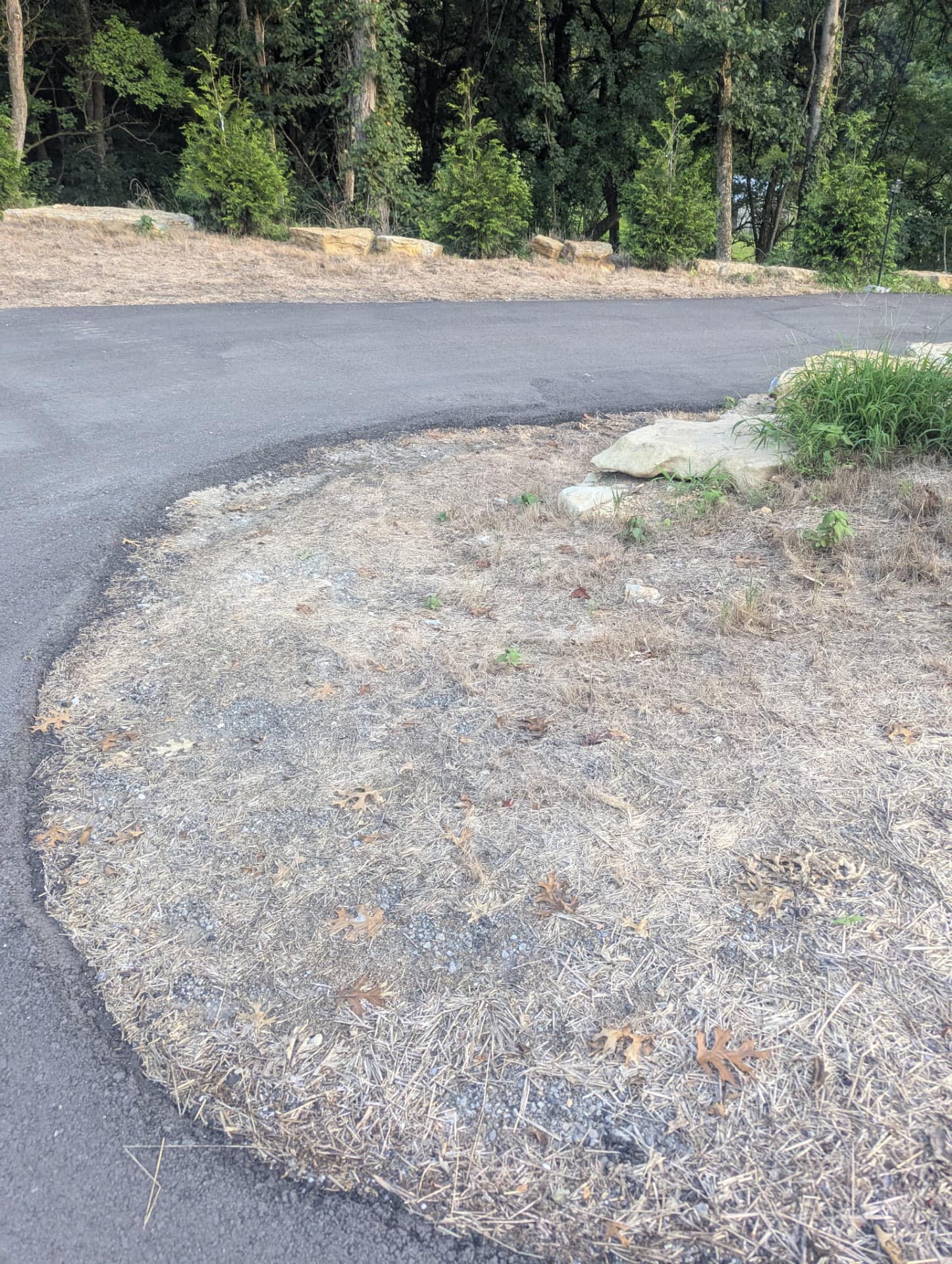 Bare ground inside a curved paved driveway before finish grading