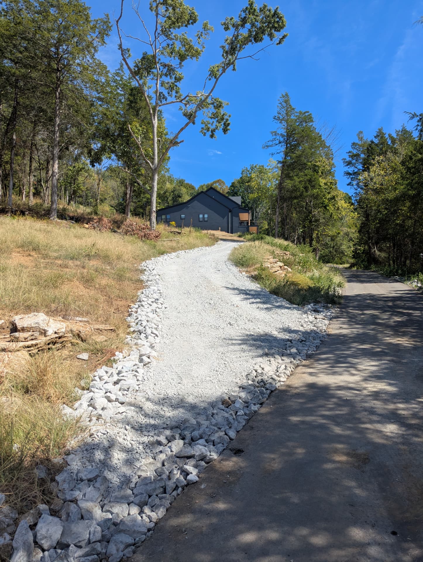 Gravel access drive bordered by riprap on a hillside property