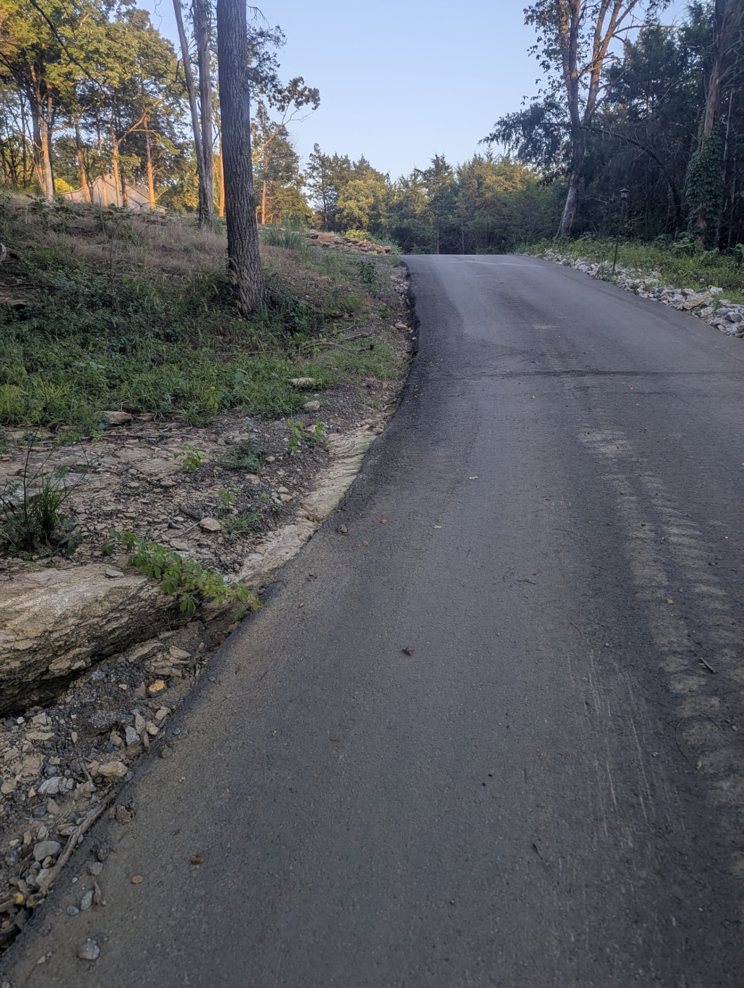 Paved driveway edge meeting exposed rock on a Columbia TN hillside