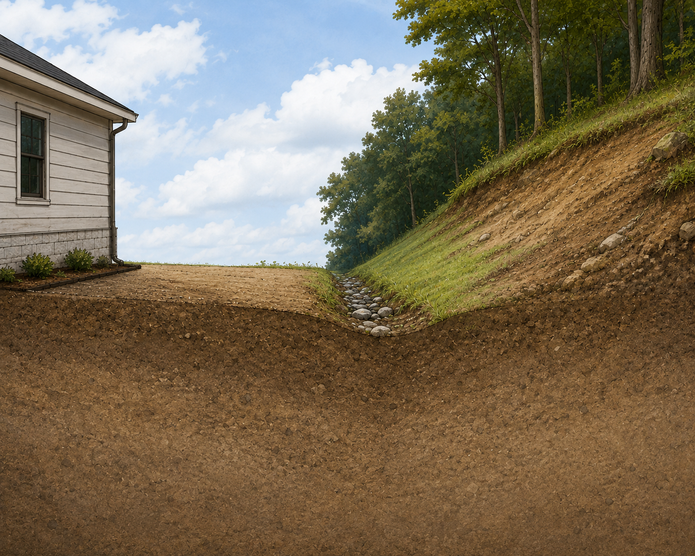 Illustration of a home at the base of a hillside with a stone-lined drainage swale carrying water around the foundation
