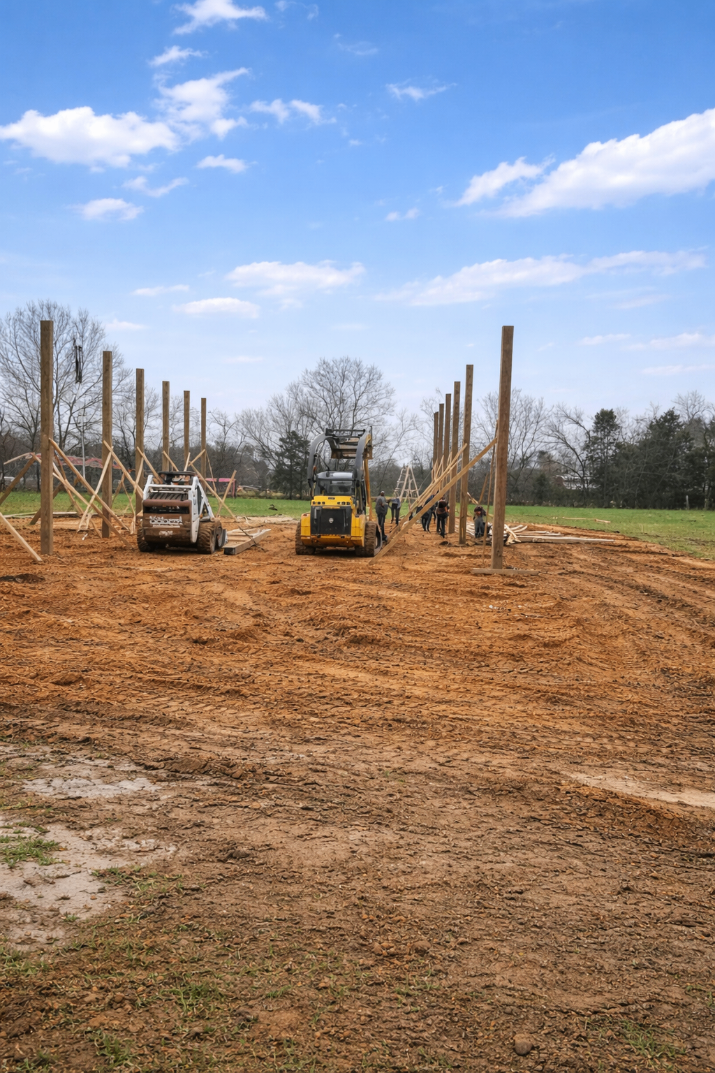 Post-frame building site in Middle Tennessee with a track loader and skid steer setting posts on freshly graded ground