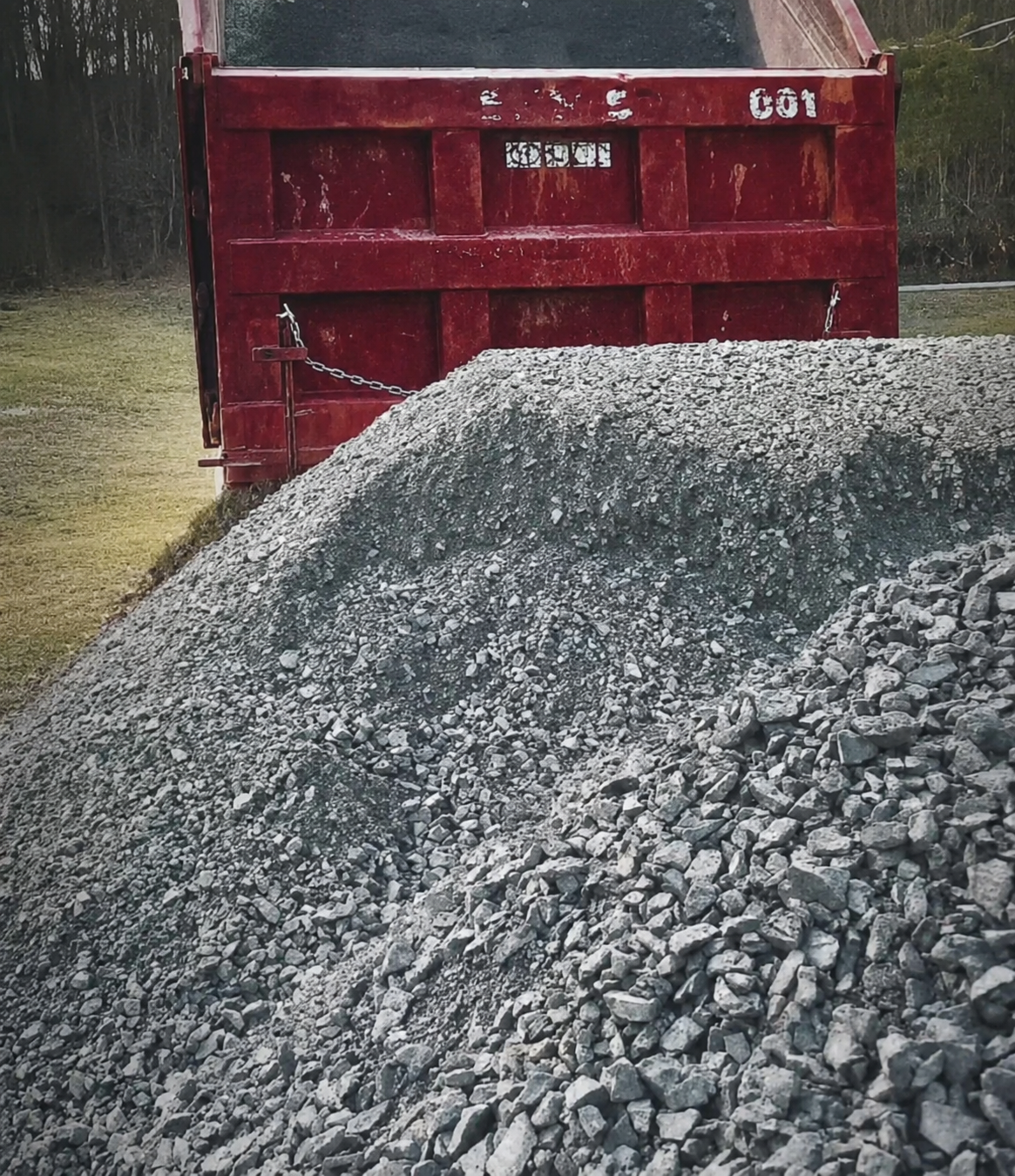 Freshly dumped pile of crusher run limestone with fines from a red dump truck