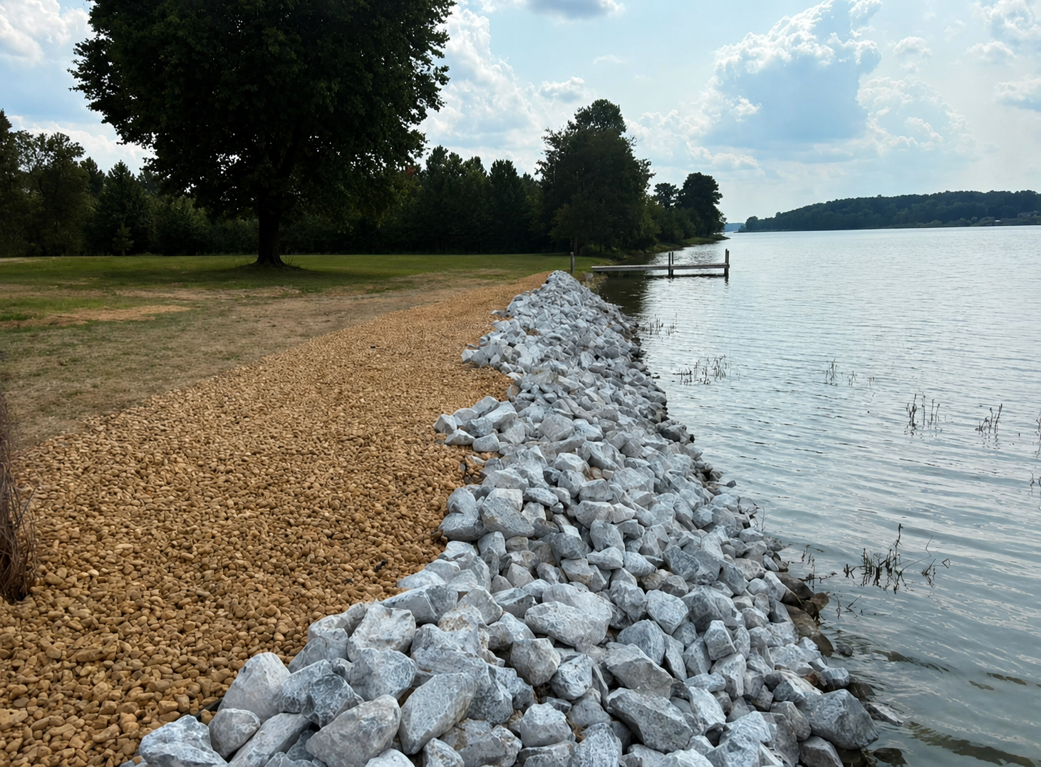 Riprap shoreline protection along a lake with pea gravel path beside larger limestone stones