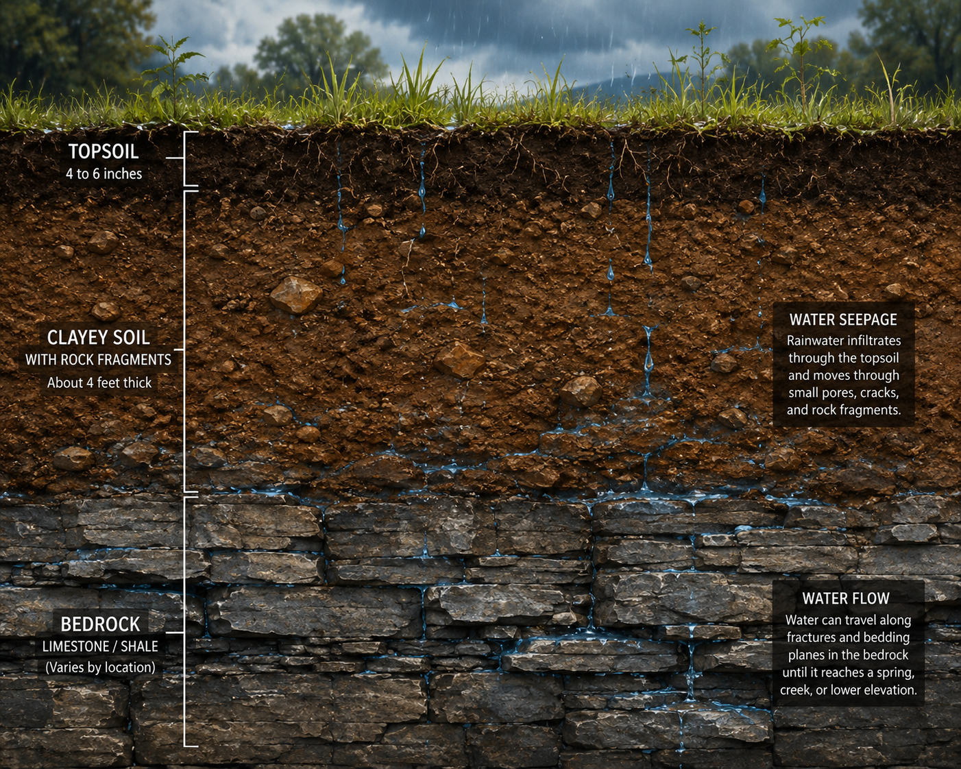 Cross-section of Middle Tennessee soil showing topsoil, clayey soil with rock fragments, and limestone bedrock with water seepage