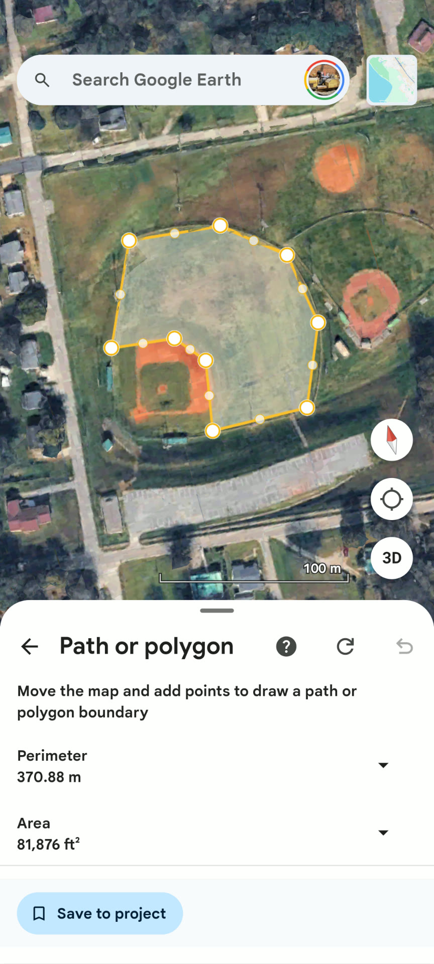 Google Earth polygon measurement of a ball field showing 81,876 square feet of contributing drainage area