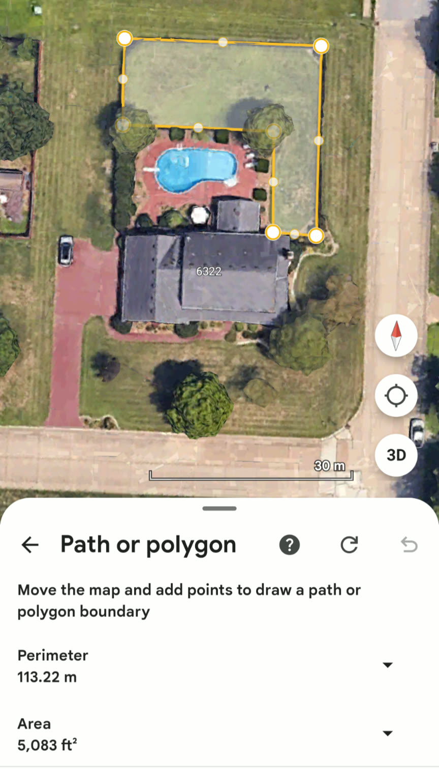 Google Earth polygon measuring a residential backyard drainage contributing area of 5,083 square feet in Middle Tennessee