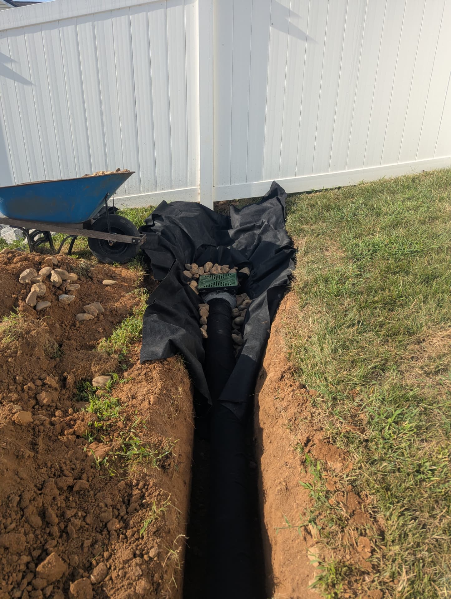 Catch basin and French drain connected to six inch drainage pipe in Columbia Tennessee